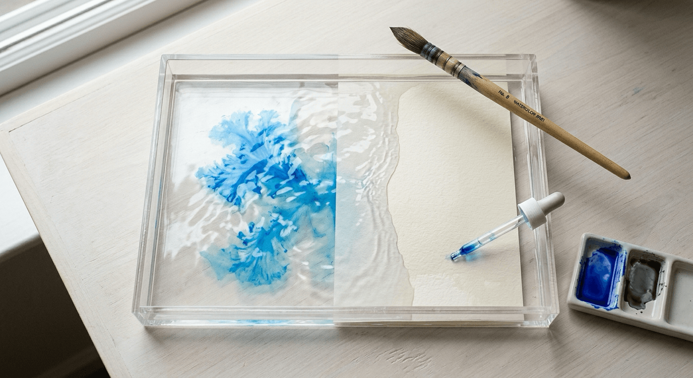 Overhead view of a transparent water tray with blue watercolour pigment, wet cotton paper and a wooden brush on a studio desk