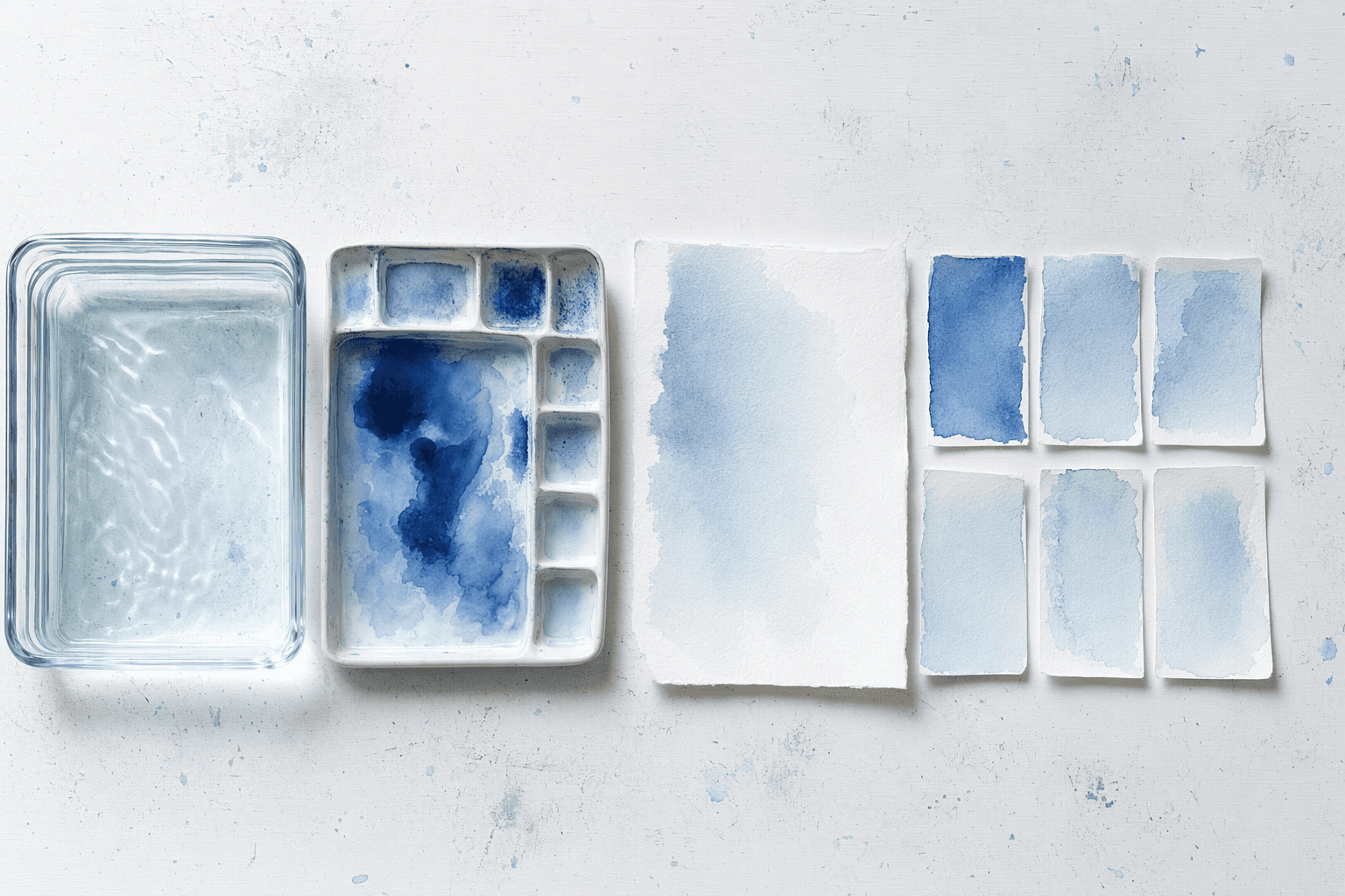 Wide overhead view of a watercolour studio bench progressing from clear water to finished blue wash swatches
